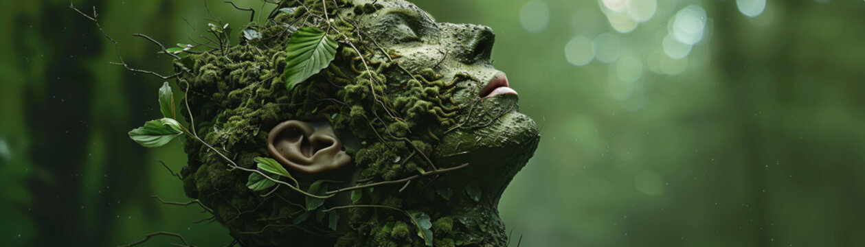 A man's face is covered in green moss and leaves. The image has a surreal and dreamlike quality to it, as if the man has been transformed into a plant.