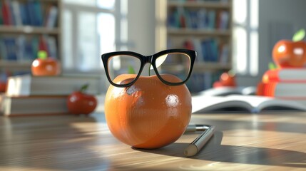 An orange with a pair of glasses on top sits on a wooden desk in a brightly lit library environment indicating a humorous take on learning and education
