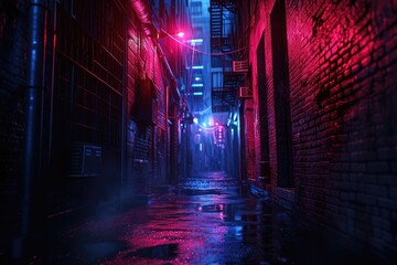 Neon-lit urban alleyway for a mysterious atmosphere, Enigmatic urban alley bathed in neon lights...
