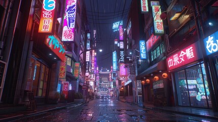 A night of the neon street at the downtown in Shinjuku Tokyo wide shot - obrazy, fototapety, plakaty