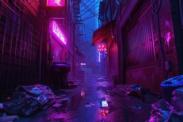 Neon-lit urban alleyway for a mysterious atmosphere, Enigmatic urban alley bathed in neon lights...