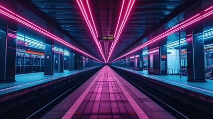 Neon-lit urban train station with a futuristic touch, Urban train station illuminated by futuristic neon lights.