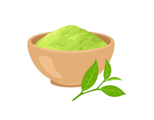 Matcha Green Tea Powder in bowl. Vector cartoon flat illustration.