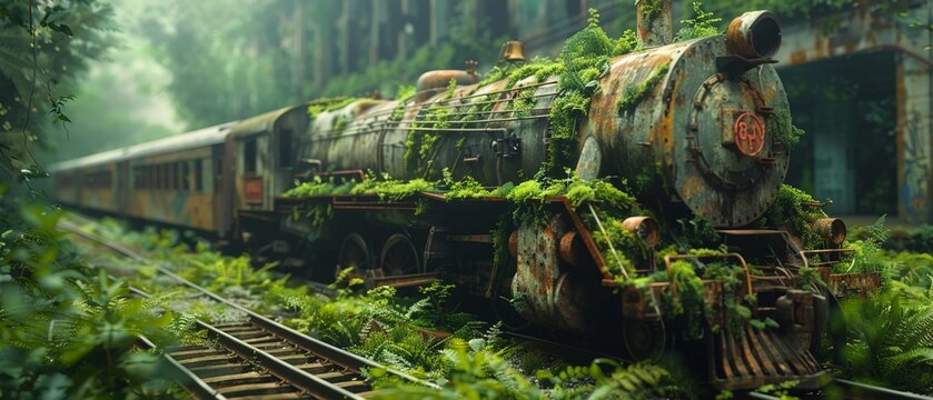 Photorealistic depiction of an ancient train engulfed in green moss and wild plants, a testament to time ,3DCG,clean sharp focus