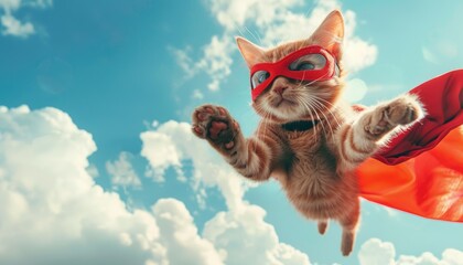 A cat wearing a red superhero costume is flying through the air by AI generated image - obrazy, fototapety, plakaty