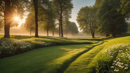 Obraz premium A Lush Green Forest Path Illuminated by Morning Light