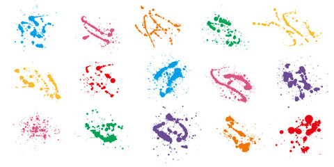 Overlay, elements of color paint splatter, set. Vector illustration