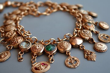 Playful charm bracelet featuring miniature gold lockets, Delightful charm bracelet adorned with tiny gold lockets.