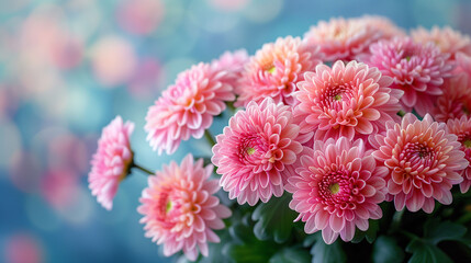 Vibrant pink chrysanthemums with dew drops, close-up on a blurred blue background.