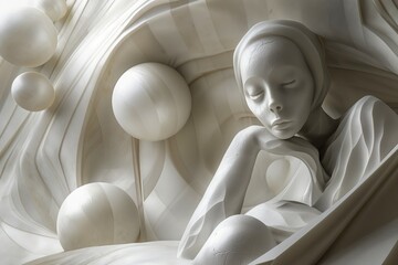 Surreal scene of a figure nestled in drapery, surrounded by orbs resembling a tranquil dream in marble textures.