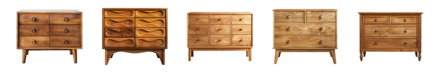 Collection of wooden sideboard with drawers isolated on a transparent background, PNG