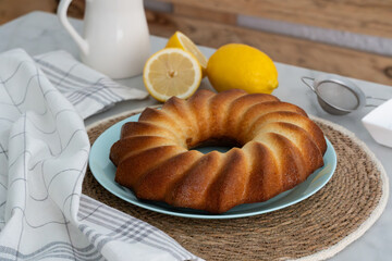 Homemade sponge cake with lemon zest. Food concept.