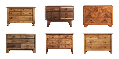 Collection of wooden sideboard with drawers isolated on a transparent background, PNG