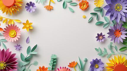 Fototapeta na wymiar Colorful Paper Craft Flowers Border on White Background