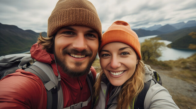 Happy young couple travel and hikeing outdoor adventure in summer. Pretty smiling people are active in nature and taking selfie portrait on phone. Cheerful couple enjoying backpacking life