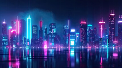 Retro-futuristic neon lights creating a vibrant cityscape, Dynamic cityscape illuminated by retro-futuristic neon lights.