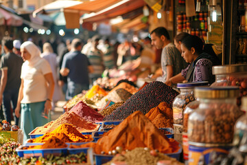 Market scene with spices, bustling preparation for Eid - obrazy, fototapety, plakaty