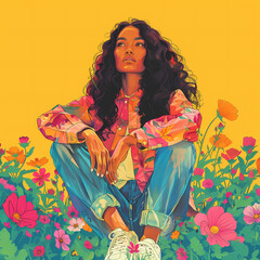 A woman with long hair is sitting in a field of flowers