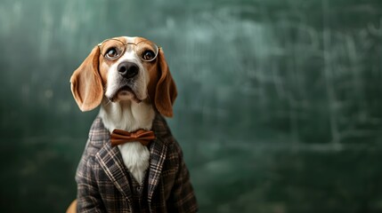 A portrait of beagle dog wearing a suit on black board background.