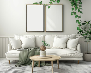 Modern cream style with sofa and green leaf decoration on the back