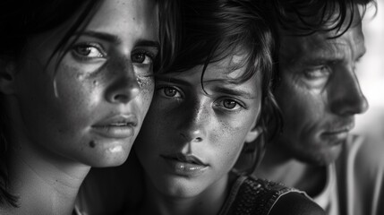 Fototapeta premium A black and white photo of a man, woman and child, AI