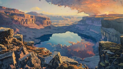 A dramatic high-angle view of a lake surrounded by rugged cliffs and rocky terrain, the water below reflecting the fiery hues of a setting sun