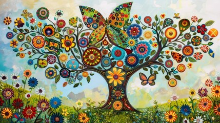This captivating mosaic artwork features a whimsical tree adorned with a kaleidoscope of colorful patterns and surrounded by playful butterflies. - obrazy, fototapety, plakaty