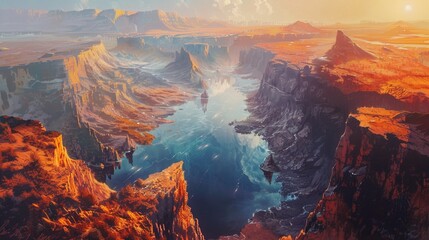 A dramatic high-angle view of a lake surrounded by rugged cliffs and rocky terrain, the water below reflecting the fiery hues of a setting sun - obrazy, fototapety, plakaty