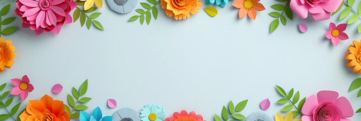 Vibrant Paper Craft Flowers Border on Blue Background