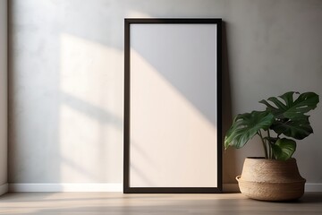 Mock up black border white poster frame in modern home interior background, 3d render