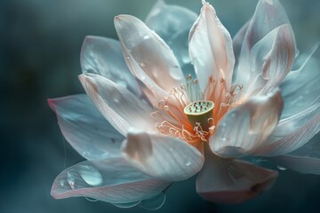 Close-up of a lotus flower with dewdrops against a soft, blue background.