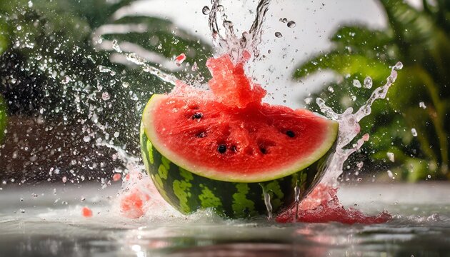 A watermelon drops, splashing water around