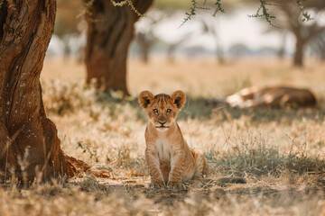 young lion cub sits in the savannah