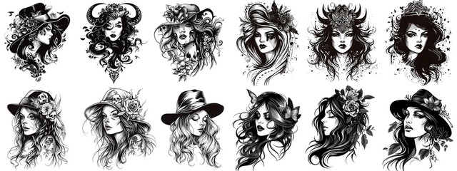 A bundle pack of lady woman tattoo texture design black and white outline illustration. Generative AI	
