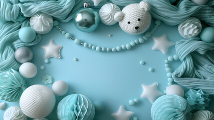 Pastel blue Christmas background with assorted ornaments and teddy bear design, festive holiday decoration concept.