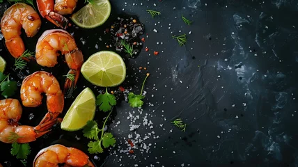 Deurstickers Cooked shrimps with lime and herbs on a wet dark slate background © Татьяна Макарова