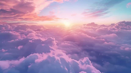 Fotobehang Abstract background with pink, purple and blue colors clouds. Sunset sky above the clouds. Dreamy fantasy background in soft pastel colors. © Iqra