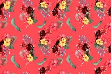 Flower seamless pattern with watercolor.Fighting cock pattern background.Designed for fabric and wallpaper, vintage style.Hand drawn floral pattern illustration.Blooming flower painting for summer.
