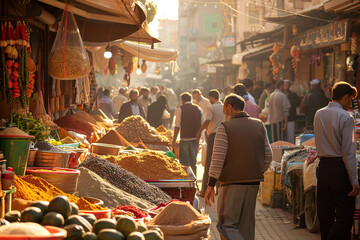 Market scene with spices, bustling preparation for Eid - obrazy, fototapety, plakaty