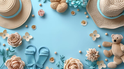Summer concept with hat, sandals, teddy bear, and seashells on a blue background.