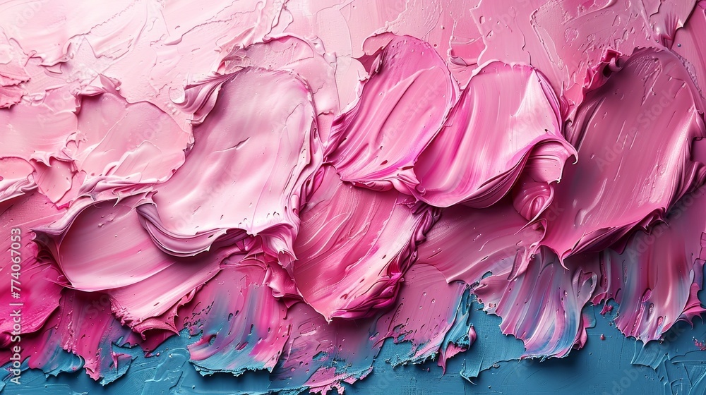 Poster this is an abstract pink oil paint texture on a blue canvas. minimalistic background with white copy