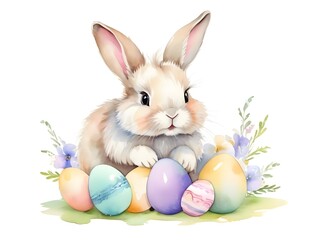 Fototapeta na wymiar a sweet cute fluffy easter bunny with pastel painted easter eggs watercolor