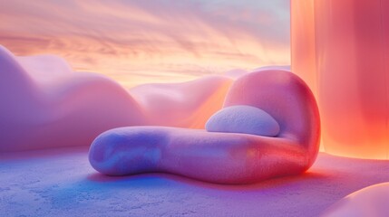 A large pink chair sitting in a field of snow, AI