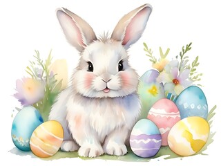 a sweet cute fluffy easter bunny with pastel painted easter eggs watercolor