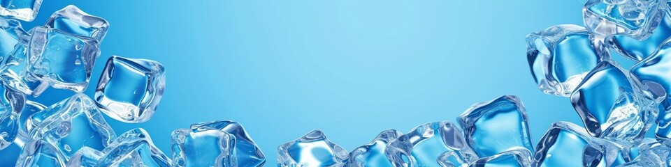 Ice cubes with water drops scattered on blue background, top view.