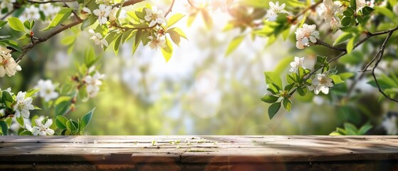 Spring background with blossoms and wooden table. Spring garden on background.
 - obrazy, fototapety, plakaty