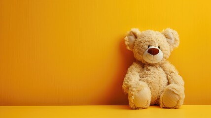A fluffy bear sits against a bright yellow background with ample space to the right - obrazy, fototapety, plakaty