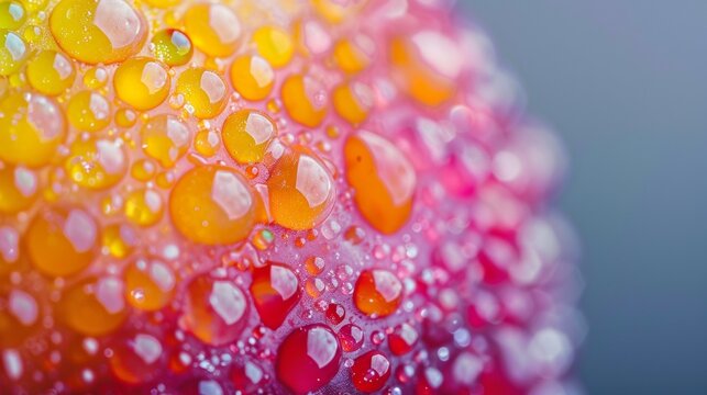 A close up of a colorful fruit with water droplets on it, AI