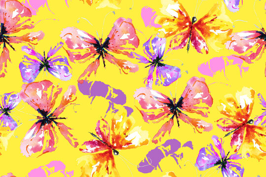 Seamless pattern of butterflies paint with watercolor.For designing colorful fabric patterns and wallpaper.Background abstract fantasy.Flying insects background.