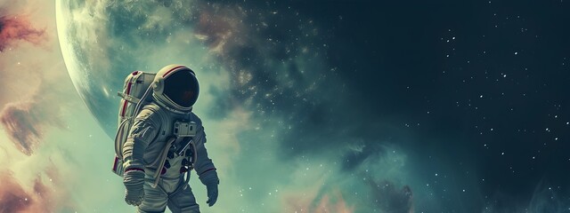 A lone astronaut in a spacesuit explores a fantastical planet, Earth a distant memory concept.